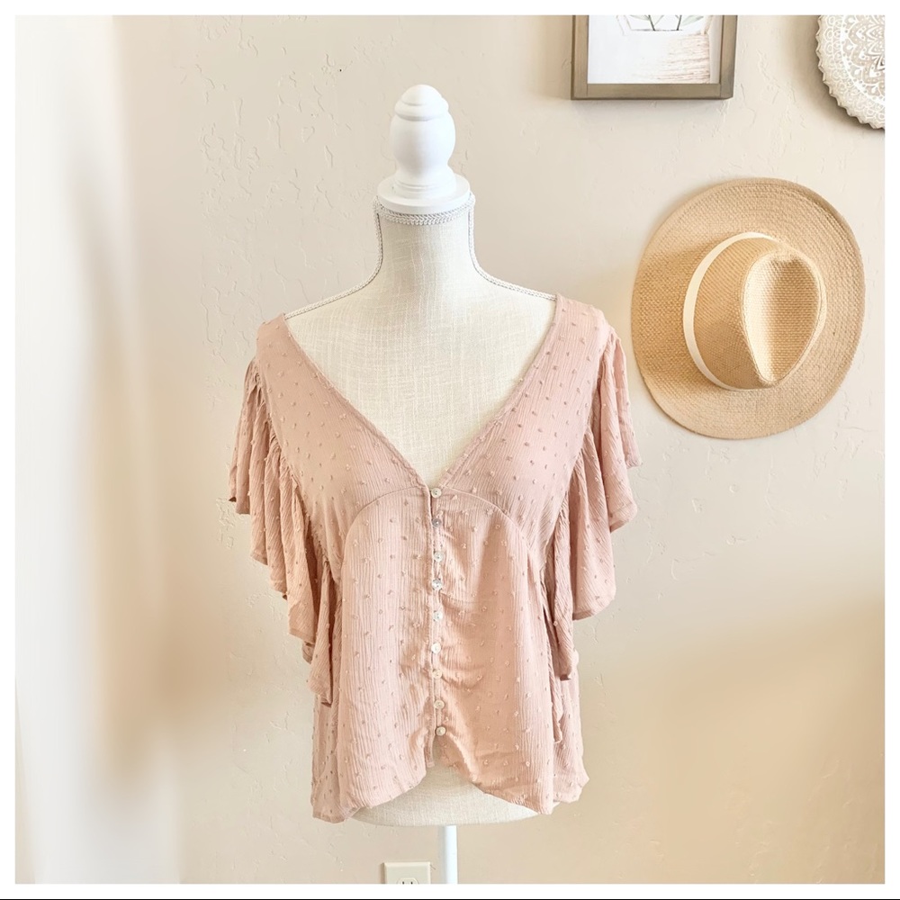 In Loom Textured V-neck & Back Ruffle Sleeved Top